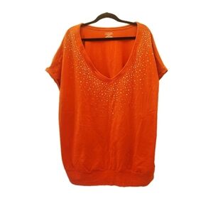 Lane Bryant Bright Orange Embellished Maximalist V-Neck T-Shirt 26/28